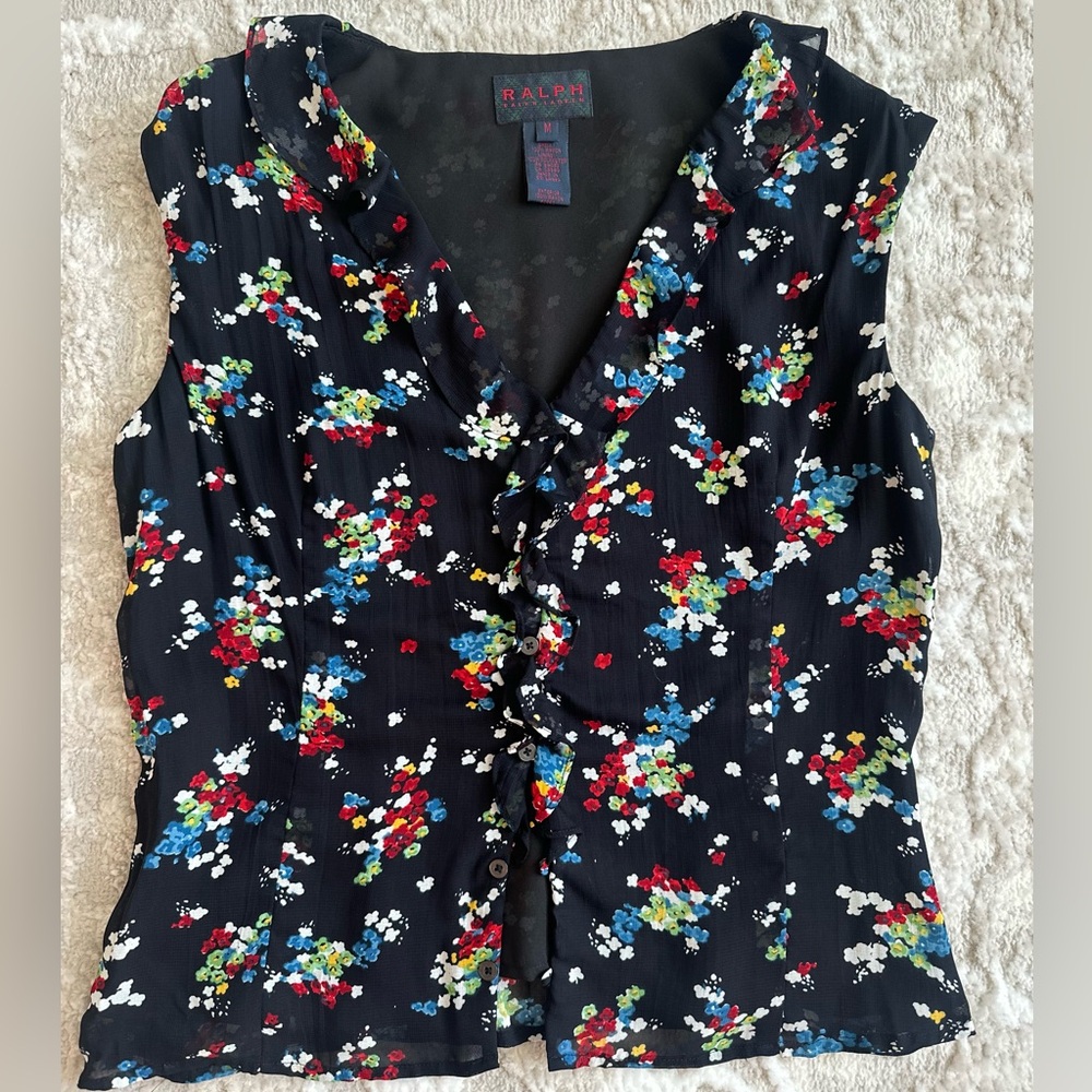 Ralph Lauren Vintage Black Floral Ruffle Trim Button Up Sleeveless Top, Medium.